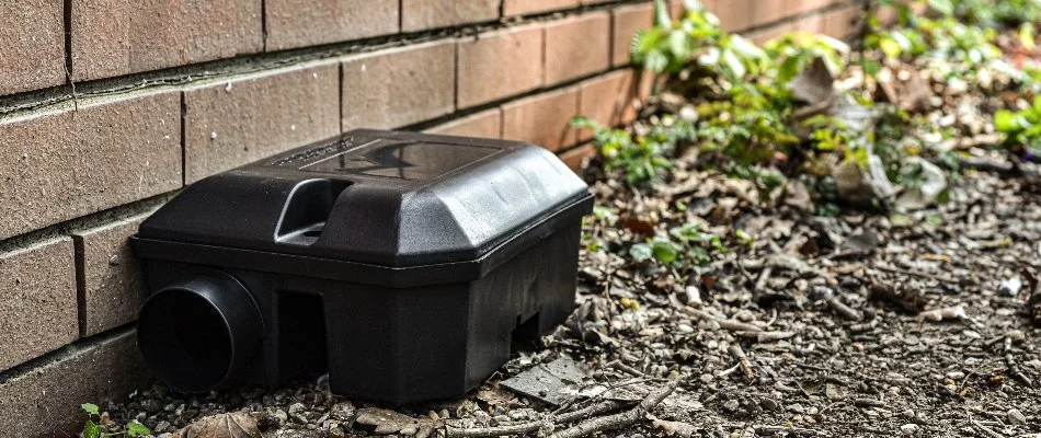 Black rodent bait station in Westminster, MD, along a brick building.